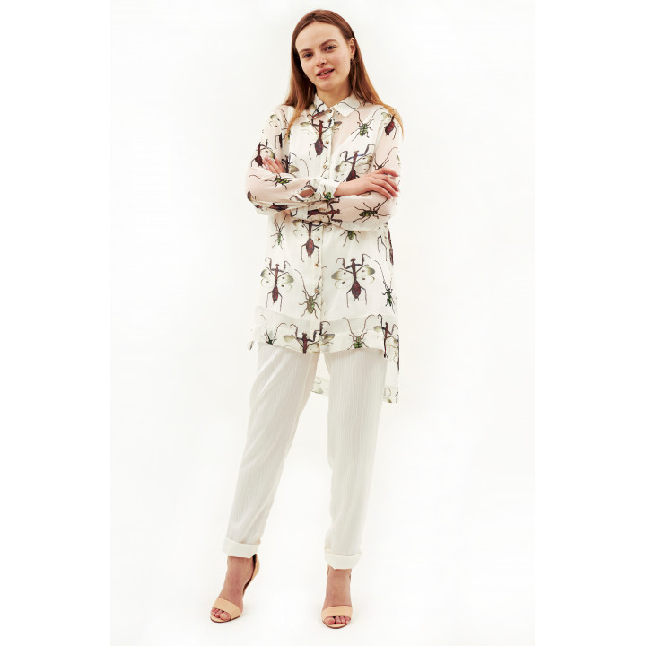 White blouse "Gliciniya-1" with an author's print of the praying mantis