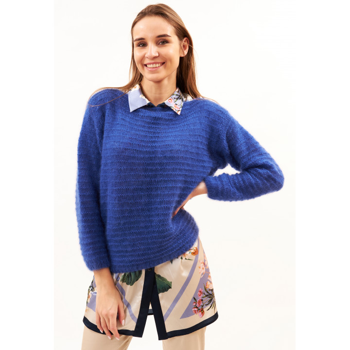 Knitted sweater blue color made of royal mohair